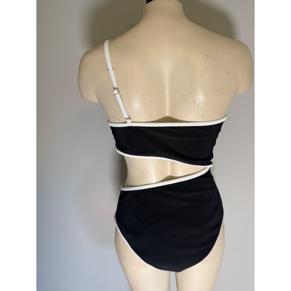 Beach Riot Celine One Piece Swimsuit Black White Ribbed Cutout One Shoulder M - Picture 4 of 6